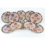 Ten Crown Derby Porcelain imari dinner plates, pattern 198, circa 1878-90, printed marks, 26.5cm