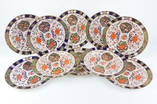 Ten Crown Derby Porcelain imari dinner plates, pattern 198, circa 1878-90, printed marks, 26.5cm