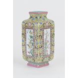 Chinese famille rose vase, 20th Century, square section decorated with floral panels against a