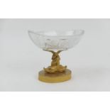 French cut glass and ormolu mounted pedestal bowl, the oval cut glass dish suspended from a pair