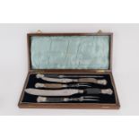 Walker & Hall silver and antler mounted carving set, Sheffield 1903, presented in a walnut case