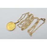 Russian 5 Rouble gold coin, 1899, in a fixed pendant mount, marked '14', and with suspension loop,