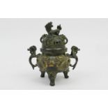 Bronze and gilt splashed censer, 20th Century, small proportions, pierced domed cover, the body cast
