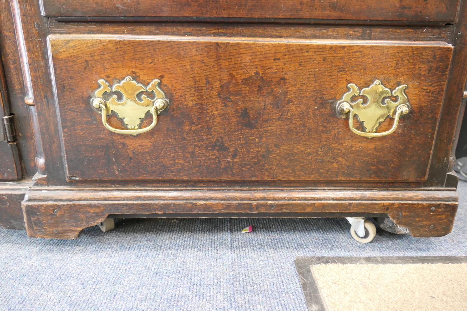 George II oak inverted breakfront dresser, circa 1730-50, two plank top over a central short - Image 10 of 16