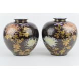 Pair of Fukugawa porcelain globular vases, decorated in the cloisonne style with chrysanthemums