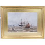 M E Adams (c. 1900), Sail and steam, busy shipping off the coast, watercolour, 46cm x 69cm, probably