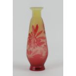 Galle style cameo glass vase, acid etched and wheel engraved with flowers in red against a lime