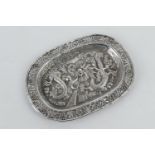 Chinese silver miniature tray, late 19th Century, chased with a dragon chasing a flaming pearl