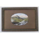 Enamelled river landscape panel, 'The Falls of Tummel, Perthshire', mounted on a brass mount with