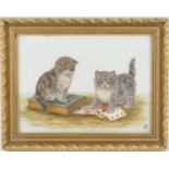 Bessie Bamber (late 19th Century), The card sharps, kittens at play, oil on opaque glass panel,