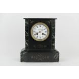 Victorian polished slate mantel clock, retailed by William Roskell, Liverpool, white enamelled