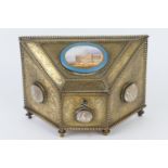 French brass stationery casket, late 19th Century, sloping hinged cover inset with a Sevres style