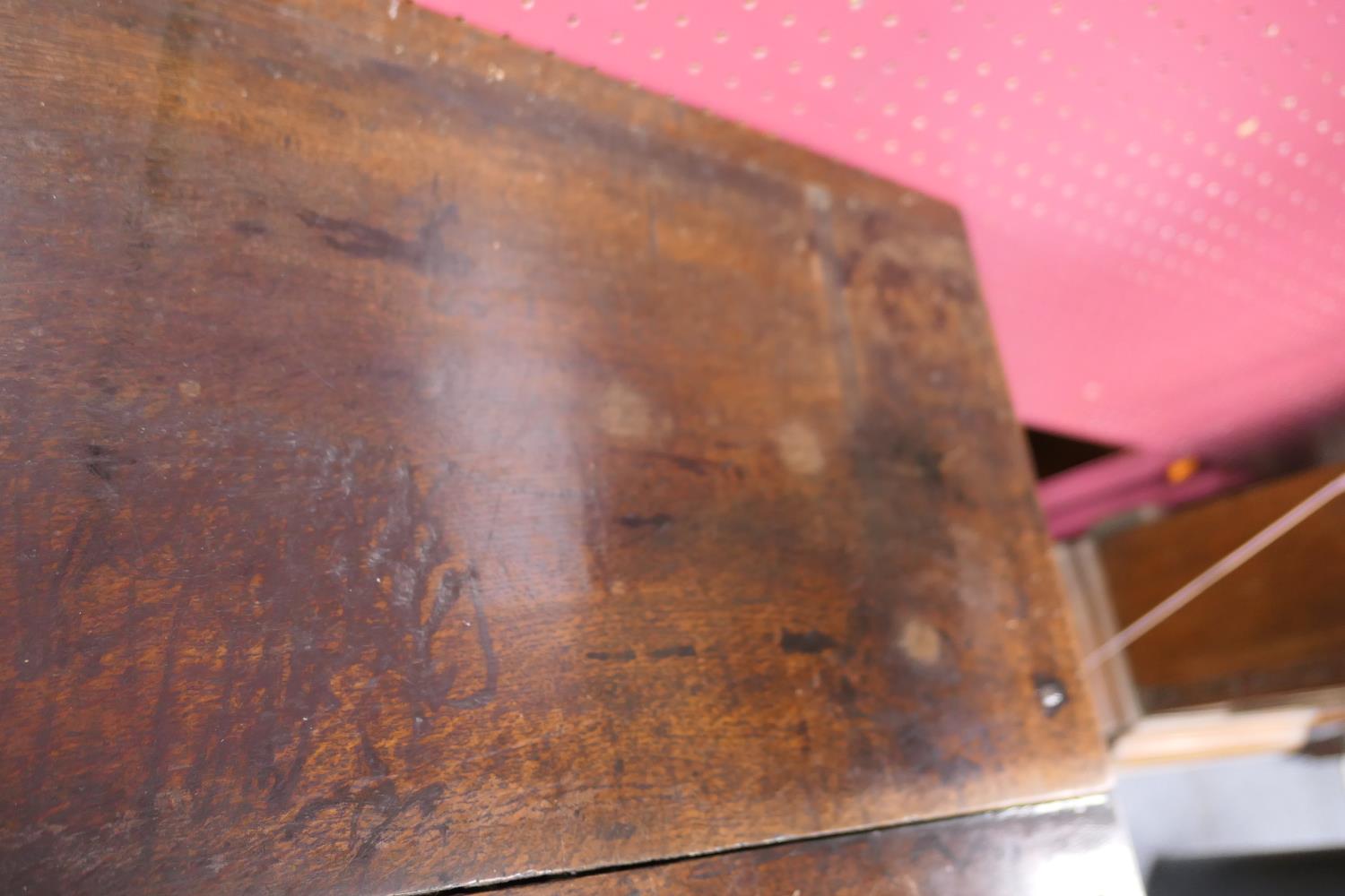 George II oak inverted breakfront dresser, circa 1730-50, two plank top over a central short - Image 8 of 16