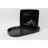 Japanese lacquered square tray, decorated with a hidden pavilion in Hiramaki-e and Kimpun on a black
