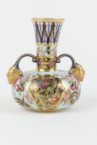 Crown Derby Porcelain Persian style small vase, circa 1884, bottle form with twin mask handles,