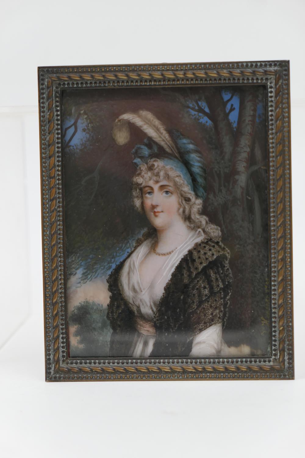 In the manner of 'Inigo' Wright, portrait miniature of a lady in a plumed hat and brown shawl, after