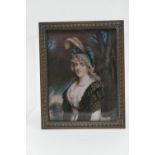 In the manner of 'Inigo' Wright, portrait miniature of a lady in a plumed hat and brown shawl, after