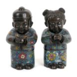 Chinese cloisonne bronze 'lucky' boy and girl, late 19th Century, sealed lotus flowers bases, height
