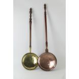 Two late Georgian warming pans, one with brass pan stipple engraved with a stylised shamrock,