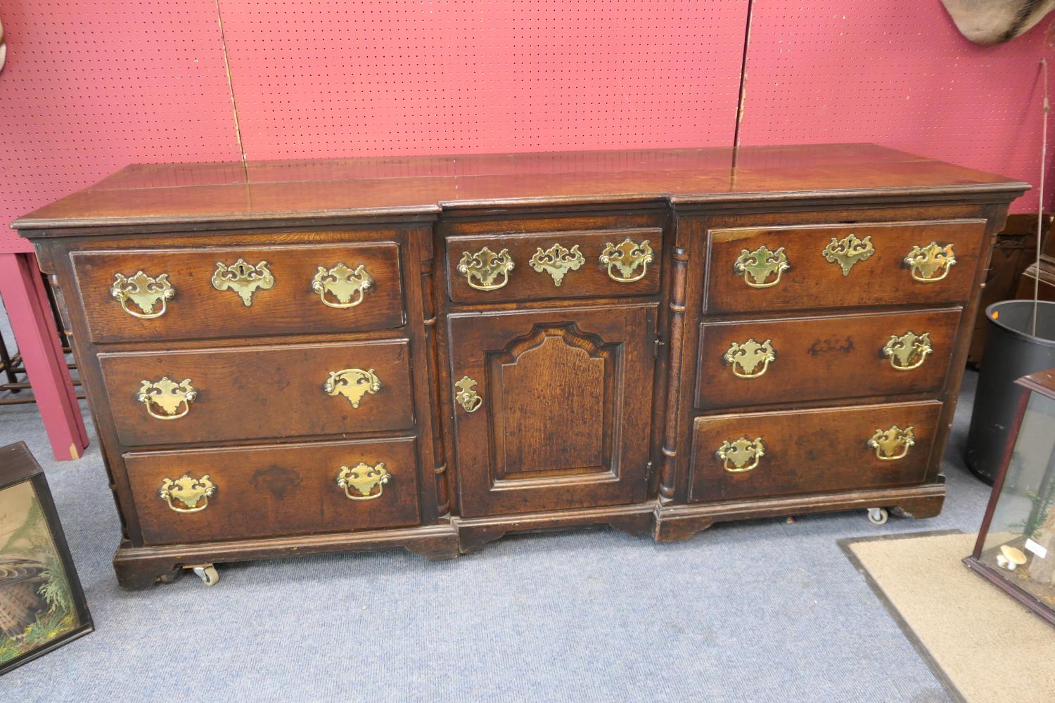 George II oak inverted breakfront dresser, circa 1730-50, two plank top over a central short - Image 2 of 16