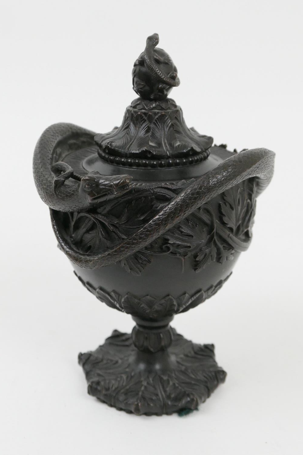French bronze bowl and cover, by Alphonse Giroux, with a leaf cast cover surmounted with a ball
