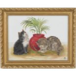 Bessie Bamber (late 19th Century), Green fingered, kittens at play, oil on opaque glass panel,