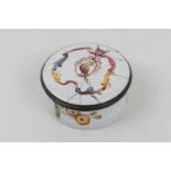 Staffordshire enamelled circular box, circa 1790, waisted form, the hinged cover decorated with a