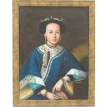 S. Gip (Chinese School), Portrait of an eastern woman in formal robe, signed oil on canvas, 60cm x