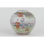 Chinese famille rose octagonal jar, late 19th Century, decorated with figures within a garden,