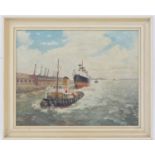 R W Ellis (active 1960-75), Shifting berth, River Mersey, oil on board, inscribed to a label