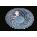 Lalique poisson flared bowl, relief moulded with fish and tinted with blue opalescence, acid