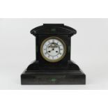 French polished slate mantel clock, circa 1880, the case with malachite inlays, enamelled dial