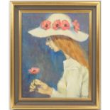 George Thompson (1934-2019), Portrait of a girl holding a poppy, oil on canvas, signed, 50cm x 40cm