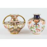 Royal Crown Derby small twin handled vase in Etruscan shape, decorated in imari colours, pattern