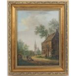 Dutch School (19th Century), Figures in conversation at a cottage door with a church in the