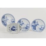 Japanese blue and white boat shaped dish, 18cm; also three Japanese blue and white scalloped dishes,