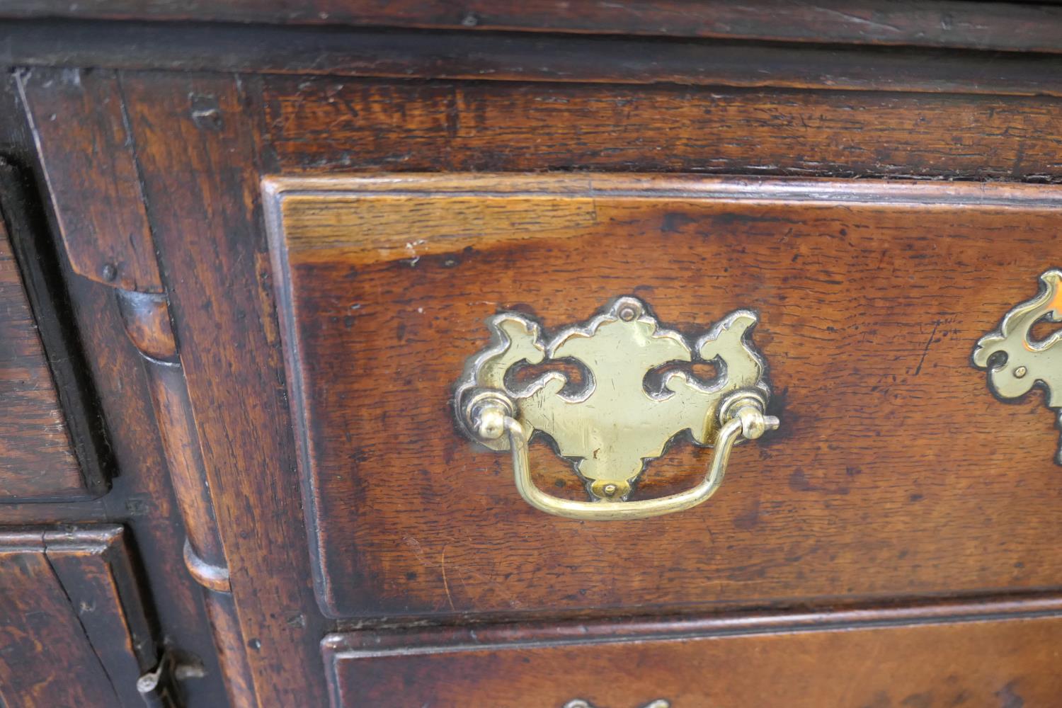 George II oak inverted breakfront dresser, circa 1730-50, two plank top over a central short - Image 14 of 16