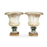 Pair of cast iron campagna garden urns, early 19th Century, 65cm diameter, height 77cm