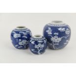 Three Chinese blue and white prunus pattern ginger jars