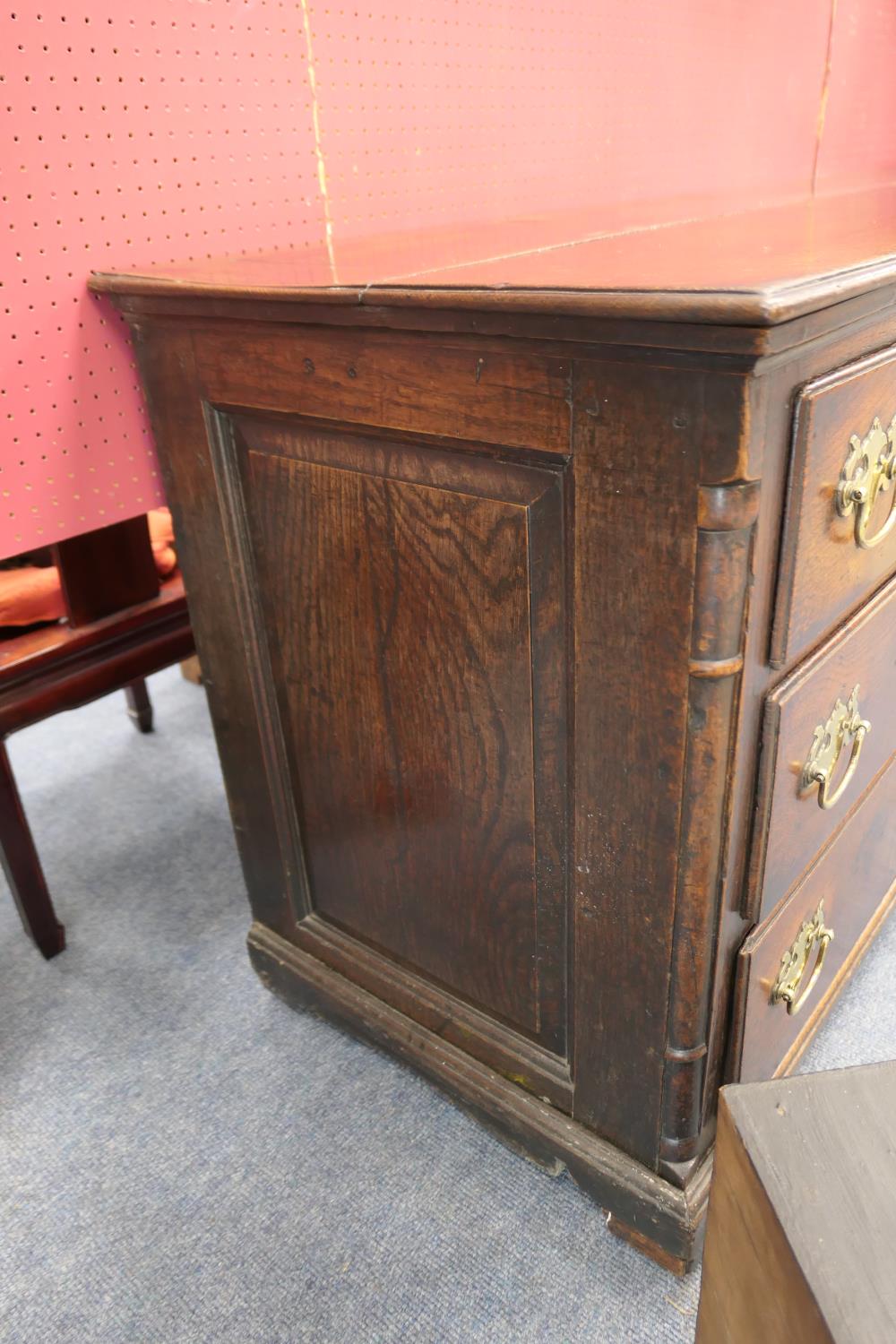 George II oak inverted breakfront dresser, circa 1730-50, two plank top over a central short - Image 13 of 16