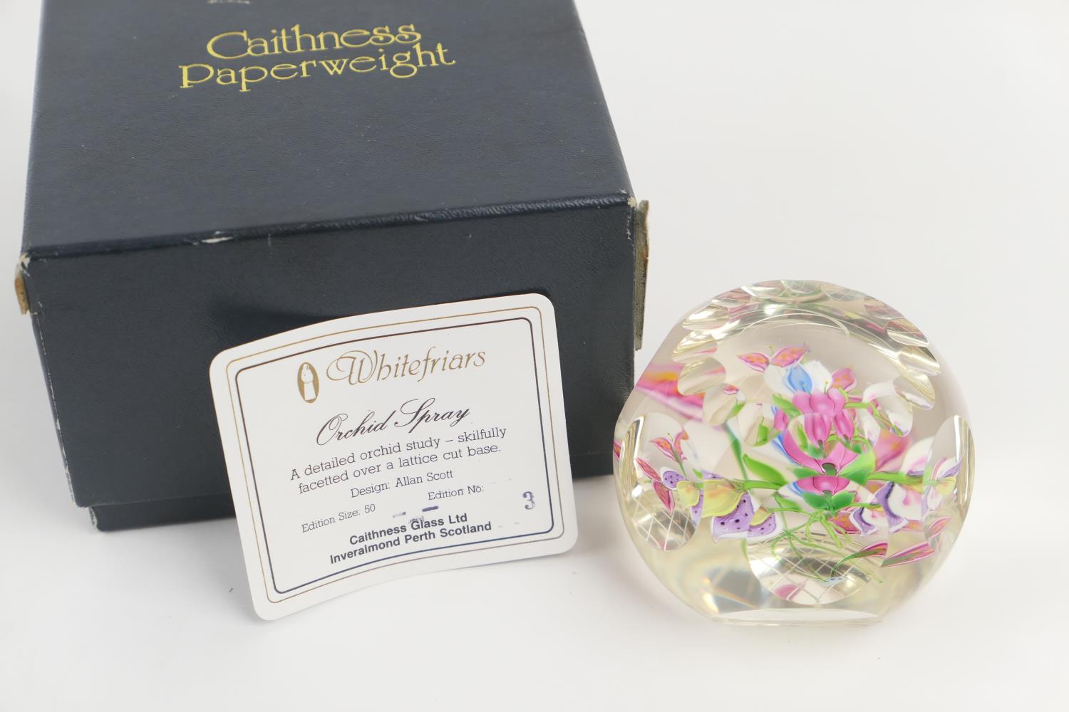 Whitefriars (Caithness Glass) paperweight, 'Orchid Spray', limited edition, numbered 3/50, 8cm