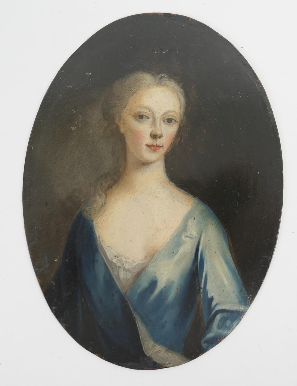 Georgian portrait miniature, probably early to mid 18th Century, featuring a young lady in a blue