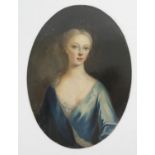 Georgian portrait miniature, probably early to mid 18th Century, featuring a young lady in a blue