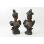Pair of French bronzed spelter busts of fashionable ladies, signed 'P Rigual', circa 1890, height