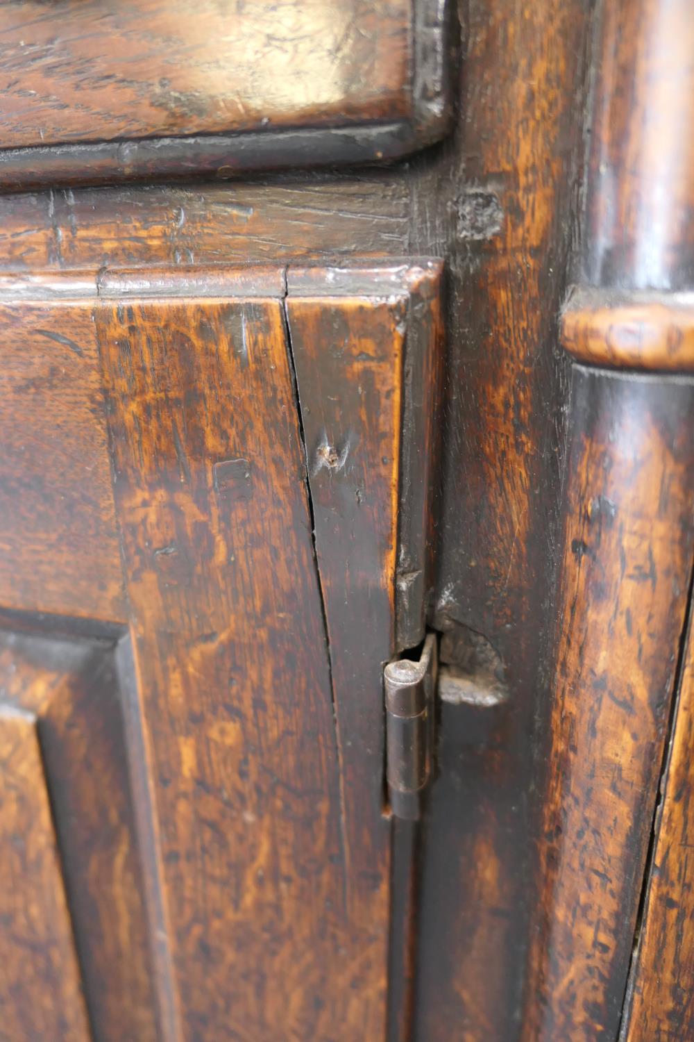 George II oak inverted breakfront dresser, circa 1730-50, two plank top over a central short - Image 12 of 16