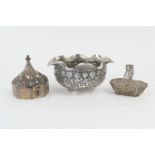 Burmese white metal bowl, with filled rim, worked with jungle animals, 18cm, gross weight approx.