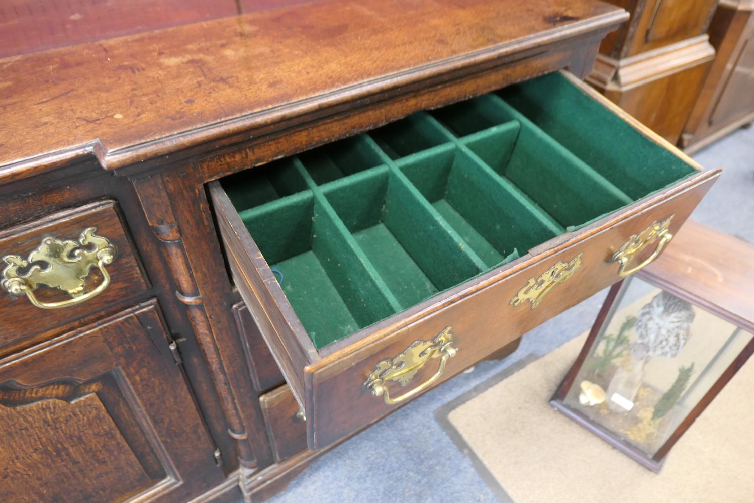 George II oak inverted breakfront dresser, circa 1730-50, two plank top over a central short - Image 15 of 16