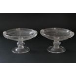 Pair of late Victorian engraved glass tazze, in Etruscan style, circa 1870, each of shallow form