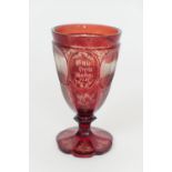 German Baden engraved ruby flash goblet, circa 1875, decorated with cameo views of landmarks over