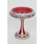 Bohemian ruby and white overlay glass tazza, shallow bowl over a trumpet stem, decorated with